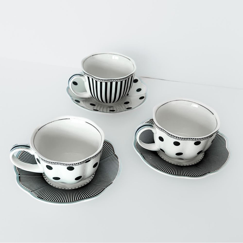 3-pc Set Grace Teaware Teacups & Saucers Blue, Black Polkadot Gold